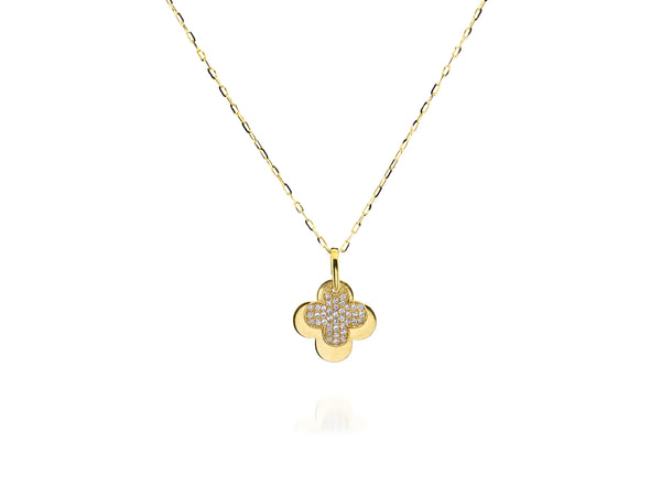Pave diamond clover with larger clover sliding behind yellow gold 16' chain