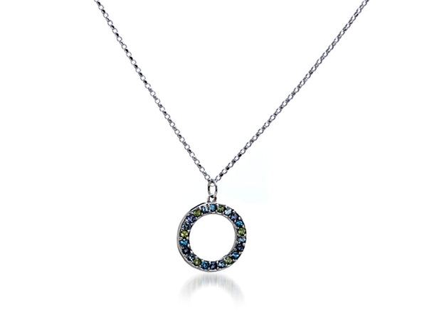 Semi Precious colored stone open circle set in 14k white gold with beaded strand 16"