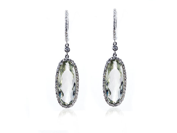 Genuine Oval Green Amethyst Diamond Hanging Earrings