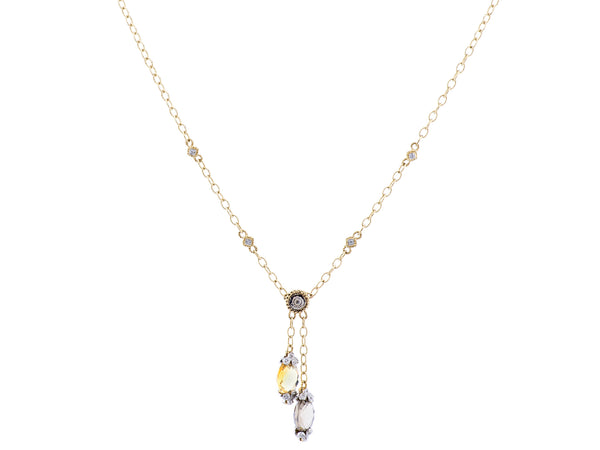 Citrine & Smokey Topaz Briolette with Diamond caps and open link 16" 2" extension yellow chain