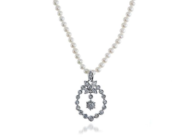 Tear Drop with center flower Diamond pendant w/baby pearl strand