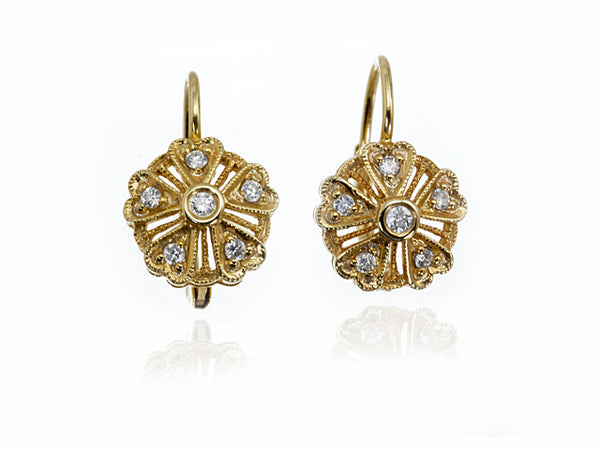 Yellow Gold Filigree Diamond Round Earrings
