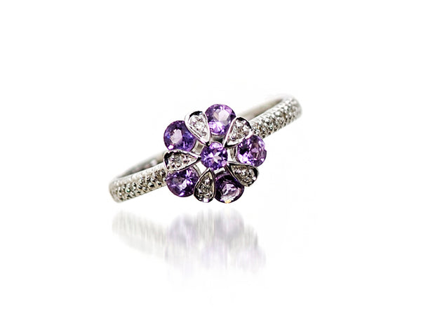 Genuine Amethyst Diamond Flower ring