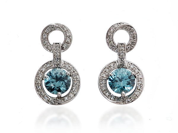 Diamond Earrings with Blue Zircon Halo Diamond Dropping