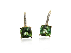 Genuine Green Tourmaline Checkerboard Square Lever Earrings