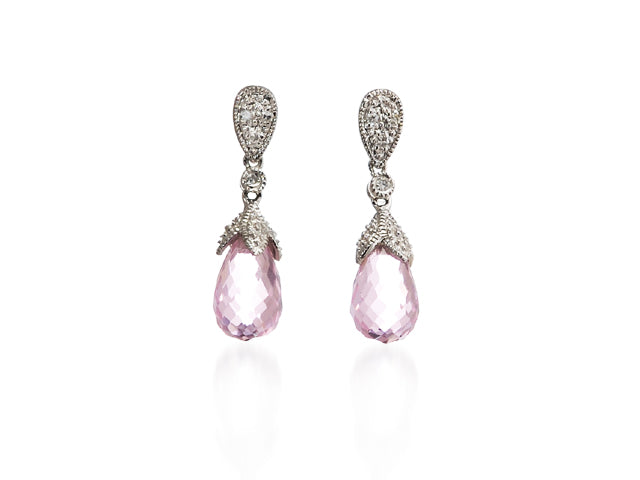 Rose Quartz Tear Drop Hanging Earrings Pave Diamond Top